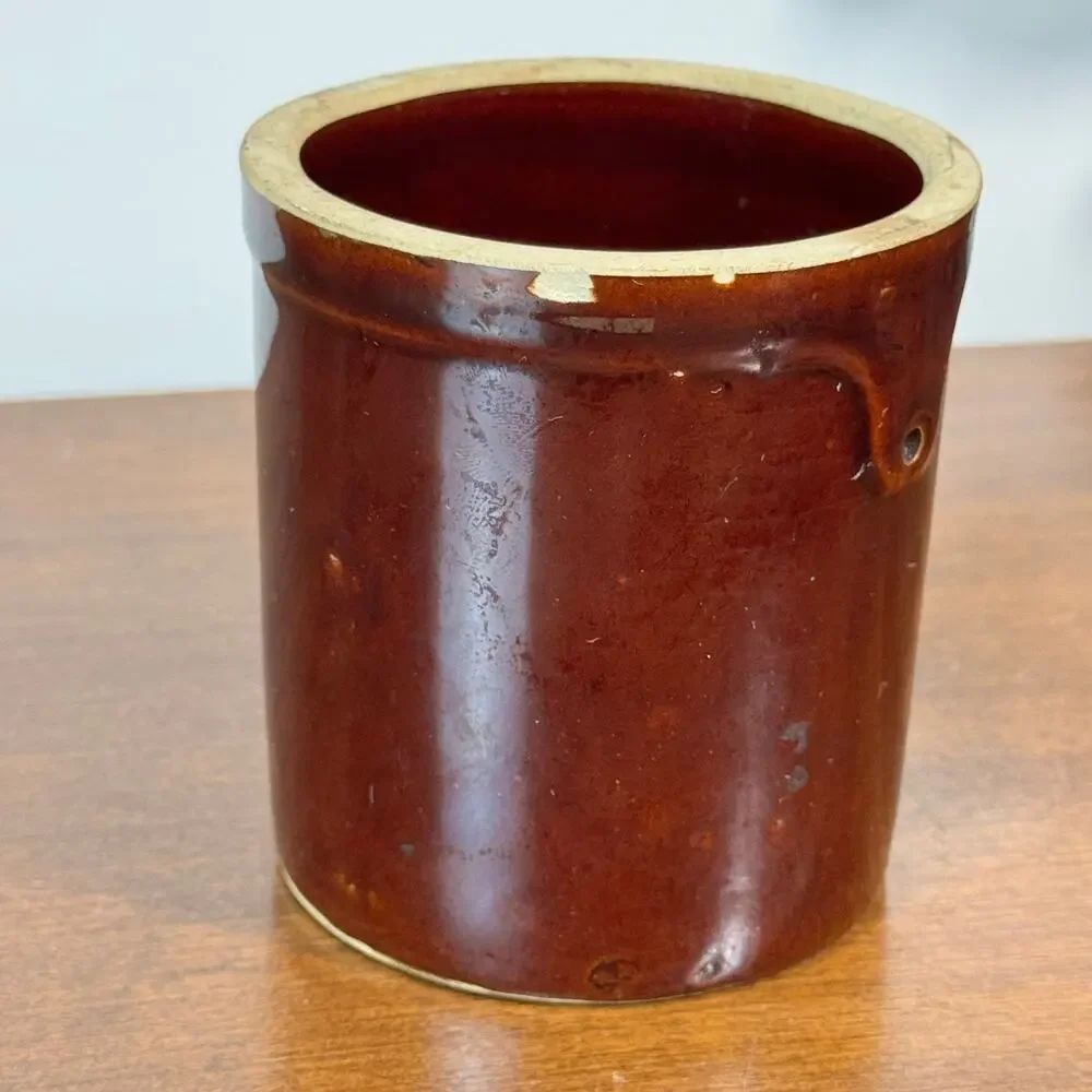 Antique Brown Albany Slip Stoneware Butter Crock Primitive Kitchen Pottery 4
